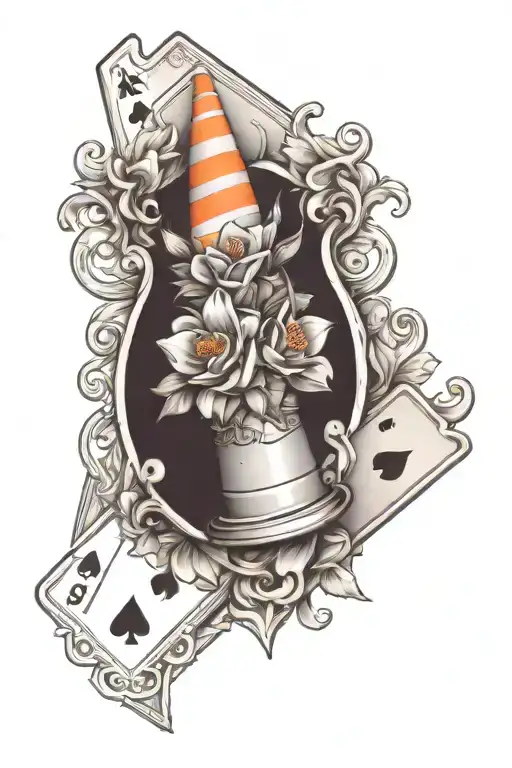 Traffic Cone With Narcissistic Flowers And 333 Deck Of Cards