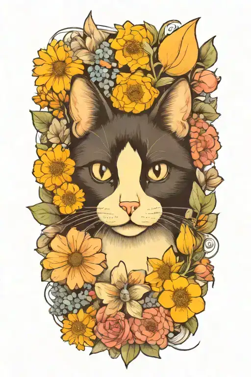 A Whimsical Tuxedo Cat Surrounded By Wildflowers