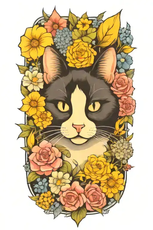 A Whimsical Tuxedo Cat Surrounded By Flowers
