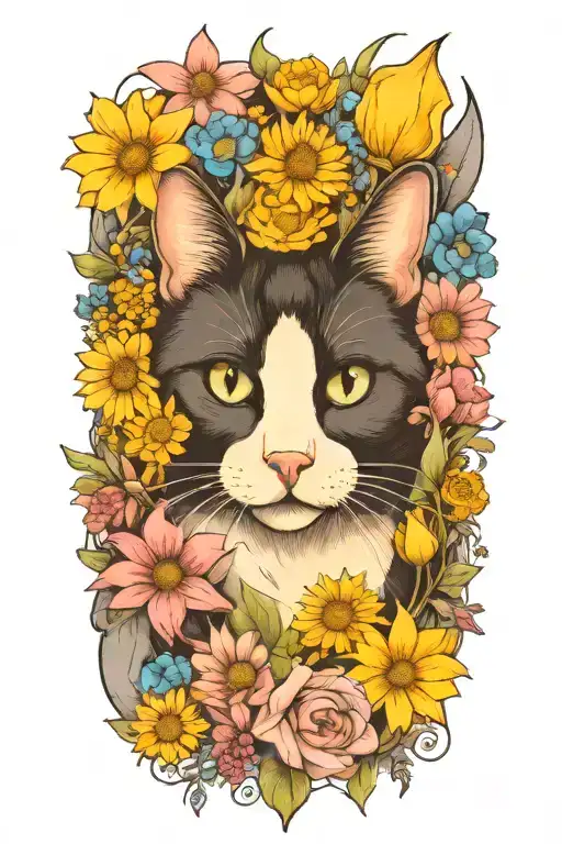 A Whimsical Tuxedo Cat Surrounded By A Field Of Flowers