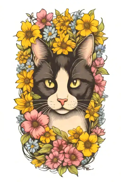 A Whimsical Black And White Cat Surrounded By A Field Of Wildflowers