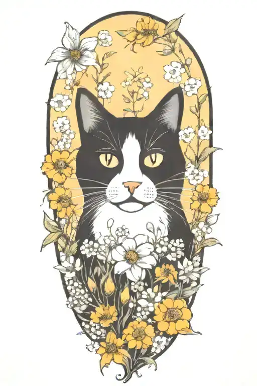 A Whimsical Black And White Cat Exploring A Field Of Flowers