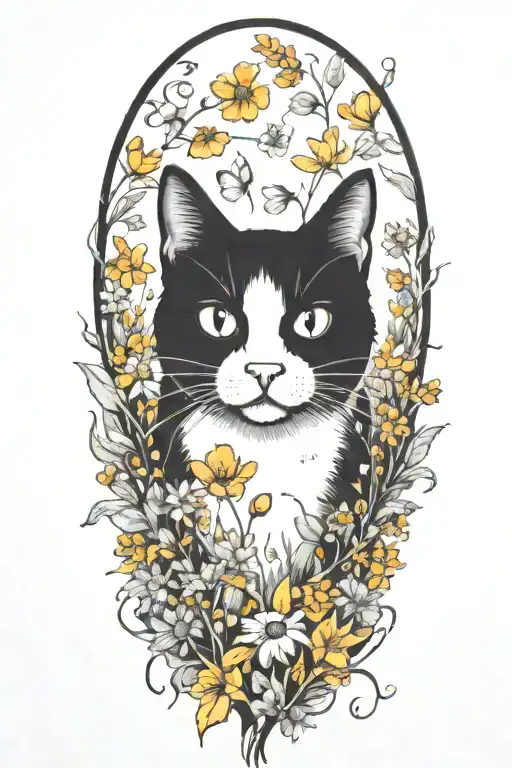 A Whimsical Black And White Cat Exploring A Field Of Flowers