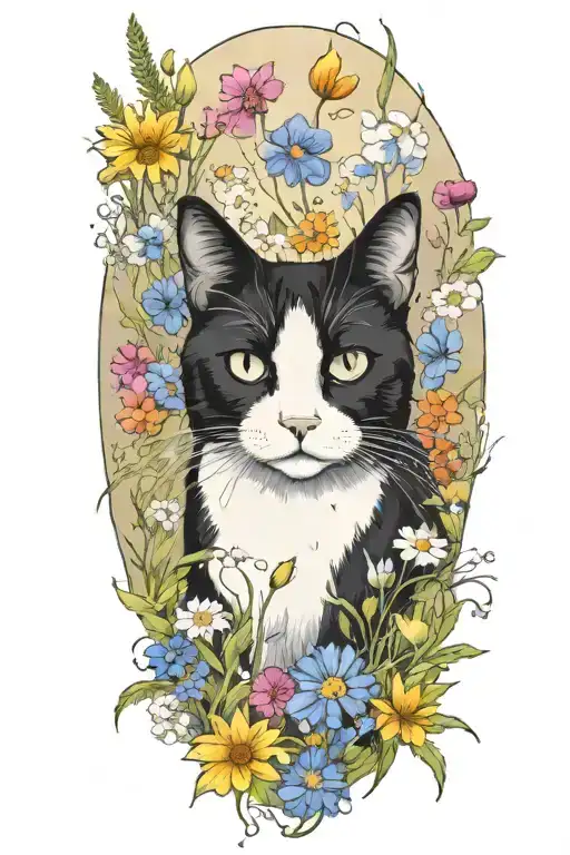 A Black And White Cat Exploring A Field Of Wildflowers