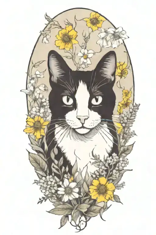 A Black And White Cat Exploring A Field Of Wildflowers