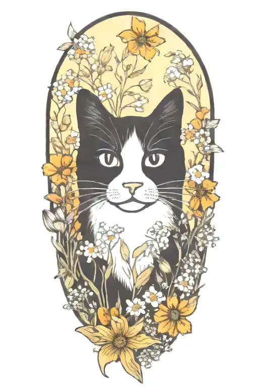 A Black And White Cat Surrounded By A Field Of Wildflowers