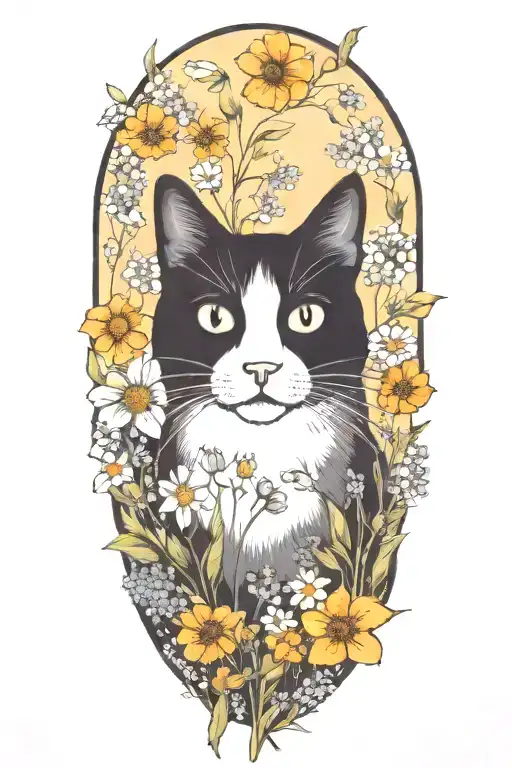 A Black And White Cat Surrounded By Wildflowers