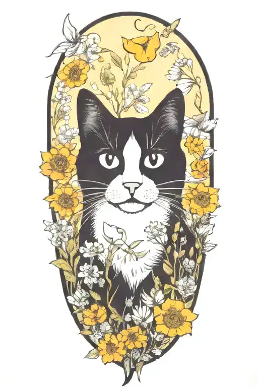 A Black And White Cat Surrounded By Wildflowers