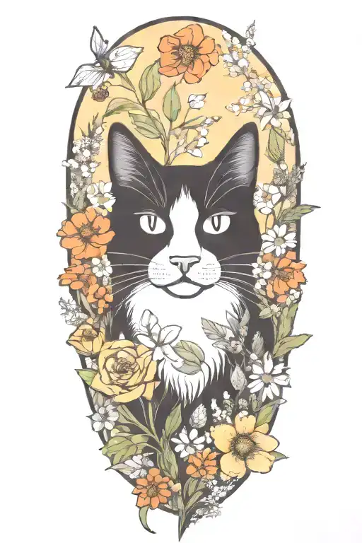 A Whimsical Black And White Cat Surrounded By Wildflowers