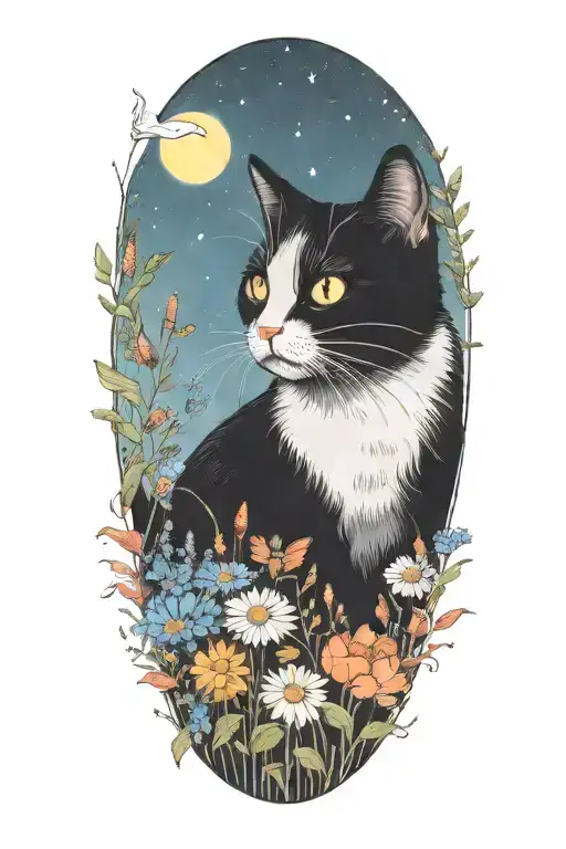 A Whimscial Black And White Cat Exploring A Field Of Colorful Wildflowers Under A Starry Sky