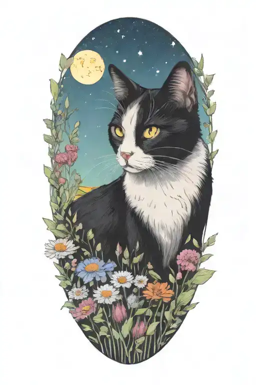 A Black And White Cat Exploring A Field Of Colorful Wildflowers Under A Starry Sky