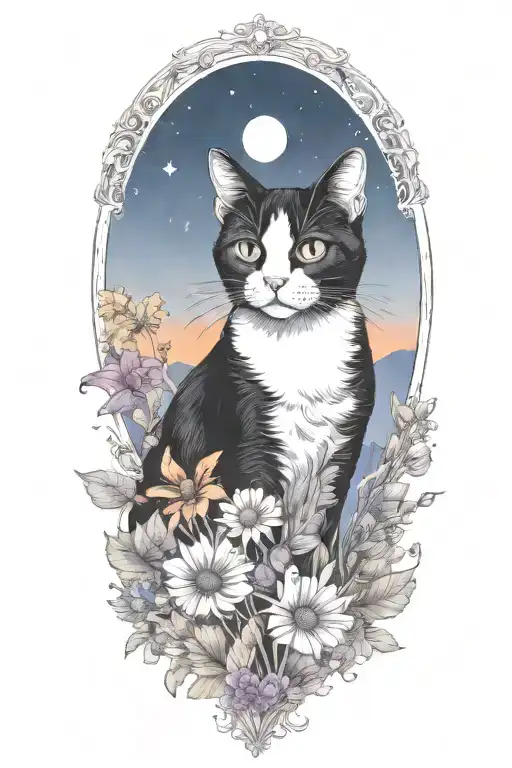 A Tuxedo Cat Exploring A Field Of Colorful Flowers Under A Starry Sky