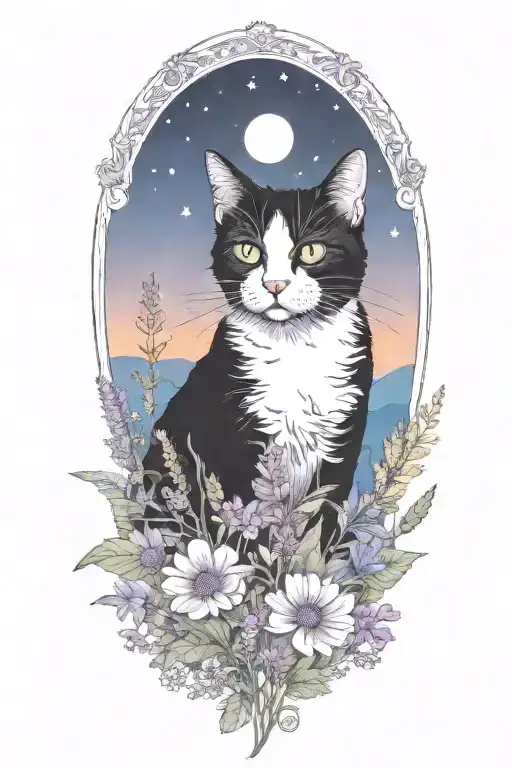 A Black And White Cat Exploring A Field Of Colorful Wildflowers Under A Starry Sky
