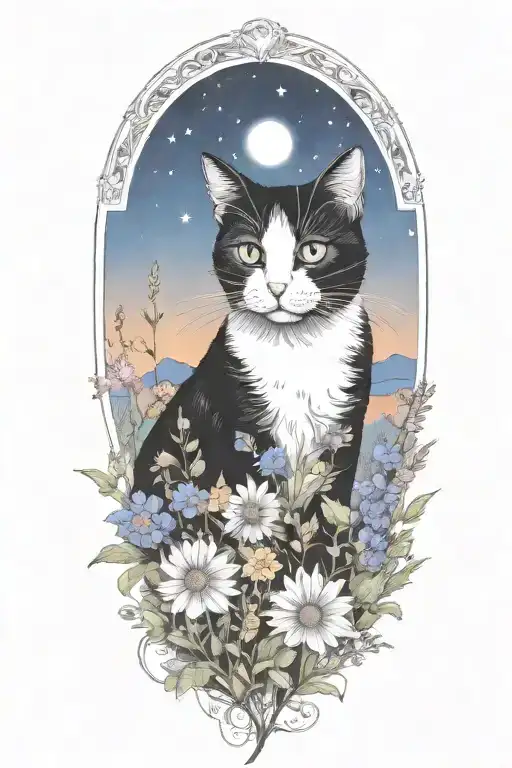 A Black And White Cat Exploring A Field Of Colorful Wildflowers Under A Starry Night Sky