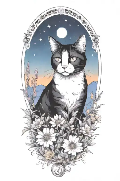 A Black And White Cat Exploring A Field Of Colorful Flowers Under A Starry Night Sky