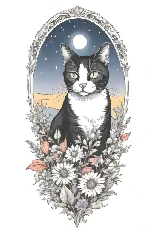 A Black And White Cat Exploring A Field Of Colorful Flowers Under A Starry Night Sky