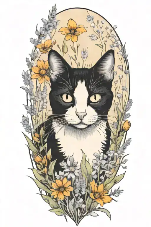 A Black And White Cat Exploring A Field Of Wildflowers