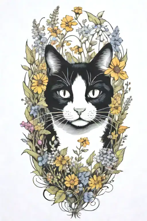 A Black And White Cat Exploring A Field Of Wildflowers