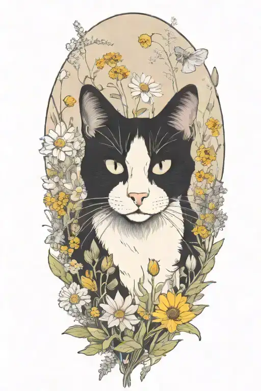 A Black And White Cat Exploring A Field Of Wildflowers