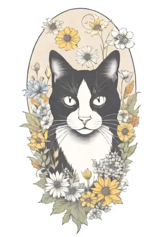 A Black And White Cat Exploring A Field Of Colorful Wildflowers