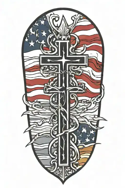 Vertical Amercian Flag Intertwined With 3 Crosses