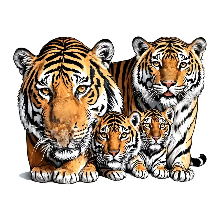 Male Tiger Next To Female Tiger With 3 Small Tiger Cubs Below
