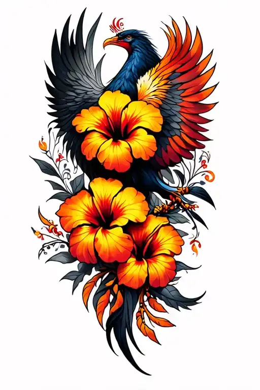 Psychedelic Hibiscus Flowers And Phoenix