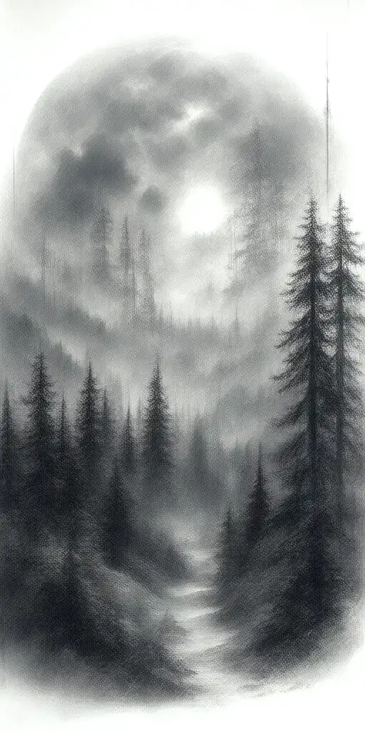 Massive Forest Landscape With Huge Moon In The Background