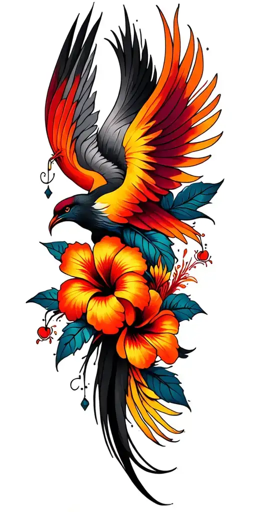 Psychedelic Hibiscus Flowers And Phoenix