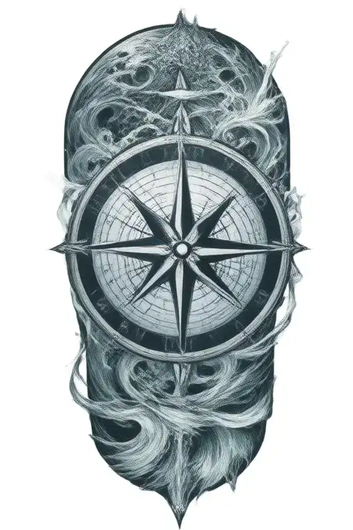 A Detailed Compass Rose Surrounded By Flowing Water And Sun Rays Representing Guidance And Strength