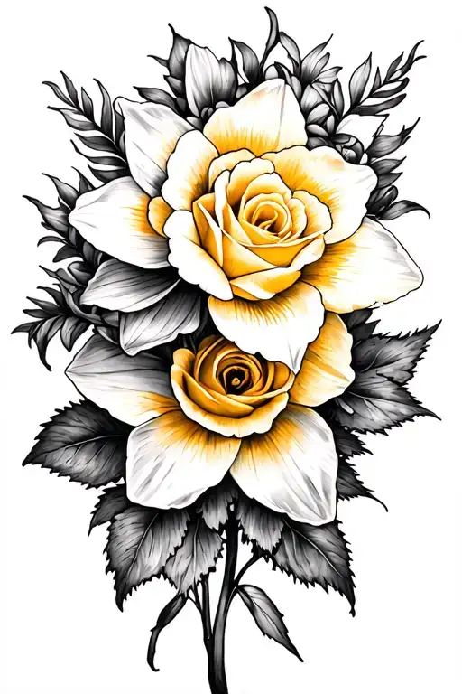 Daffodil With Rose And Chrysanthemum Tangled Together