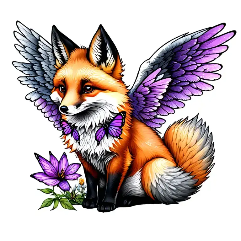 Small Fox Sitting With Angel Wings On Fox With Purple Butterfly