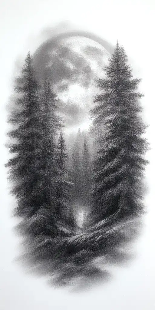 Massive Forest Landscape With Huge Moon In The Background