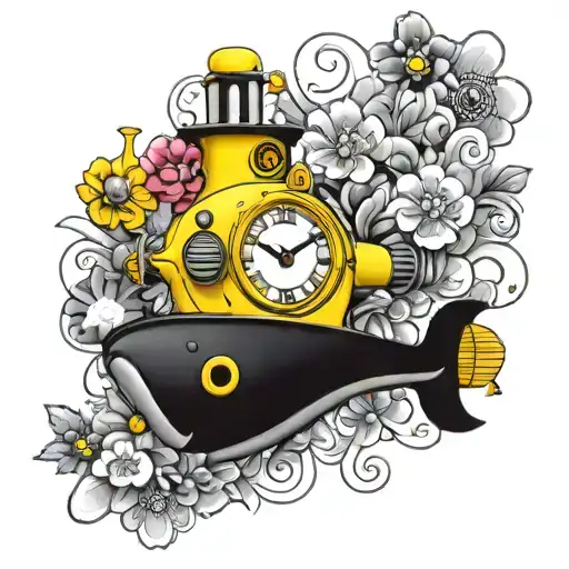 Yellow Submarine With Flowers Colorful And Clocks