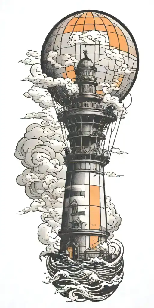 Hot Air Balloon And A Lighthouse In Hurricane