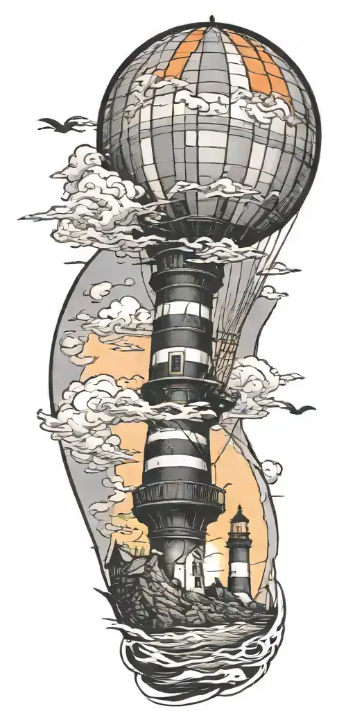 Hot Air Balloon And A Lighthouse In Hurricane