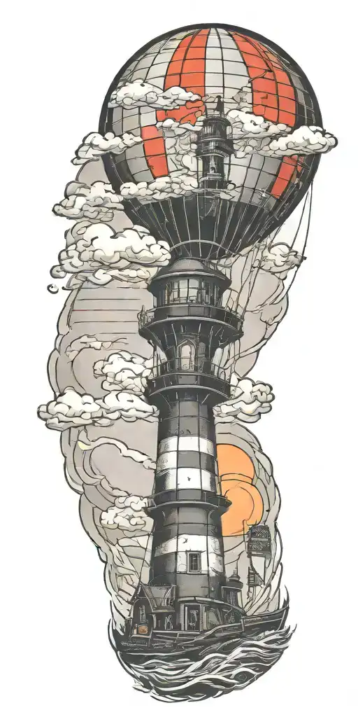 Hot Air Balloon And A Lighthouse In Hurricane