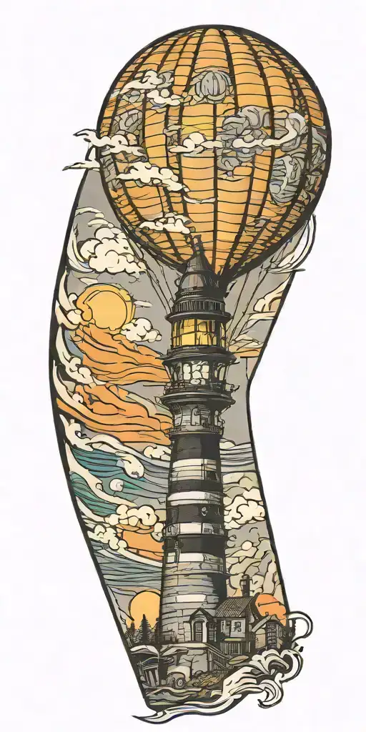 Hot Air Balloon And A Lighthouse In Hurricane