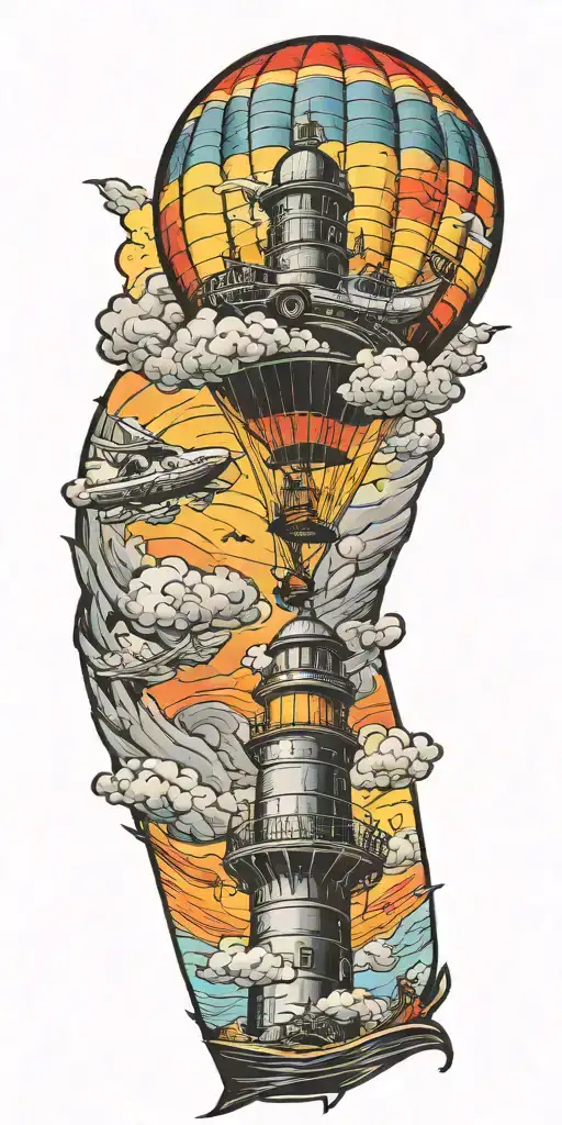 Lighthouse Hot Air Balloon And A Banner Plane Flying In A Tornado