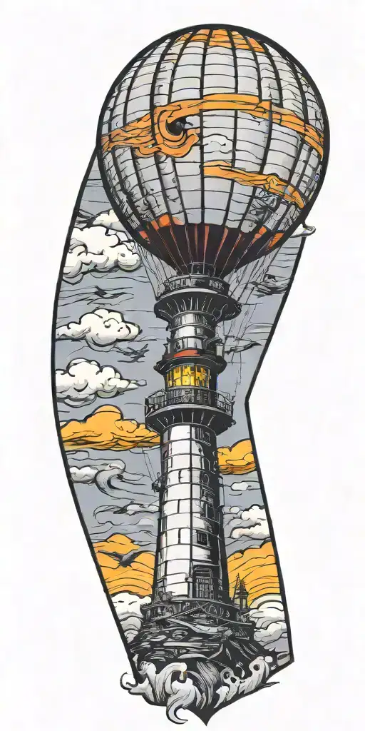 Lighthouse Hot Air Balloon And A Banner Plane Flying In A Tornado