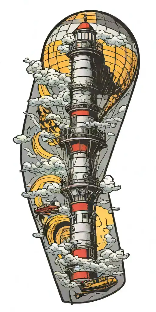 Lighthouse Hot Air Balloon And A Banner Plane Flying In A Tornado