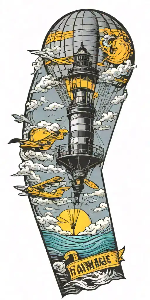Lighthouse Hot Air Balloon And A Banner Plane Flying In A Tornado