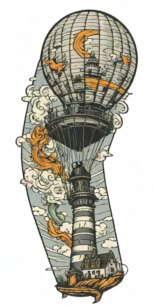 Lighthouse Hot Air Balloon And A Banner Plane Flying In A Tornado