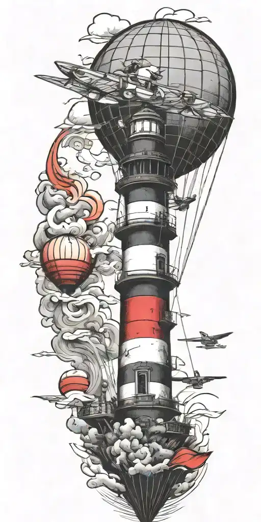 Lighthouse Hot Air Balloon And A Banner Plane A Tornado