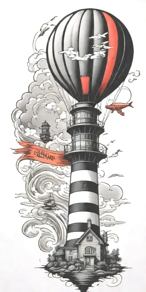 Lighthouse Hot Air Balloon And A Banner Plane A Tornado