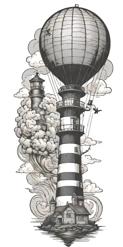 Lighthouse And Hot Air Balloo Symbolizing Never Give Up In A Tornado