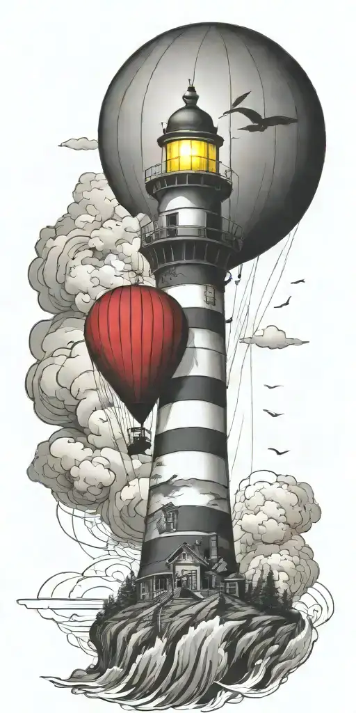 Lighthouse And A Hot Air Balloon In A Tornado