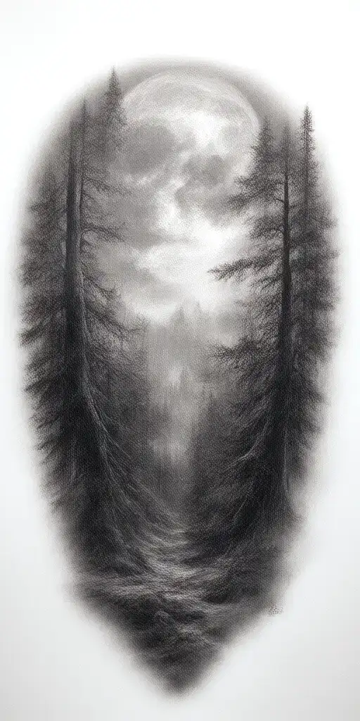 Massive Forest Landscape With Huge Moon In The Background