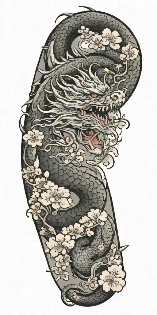 Dragon With Cherry Blossoms And Clouds Surrounding