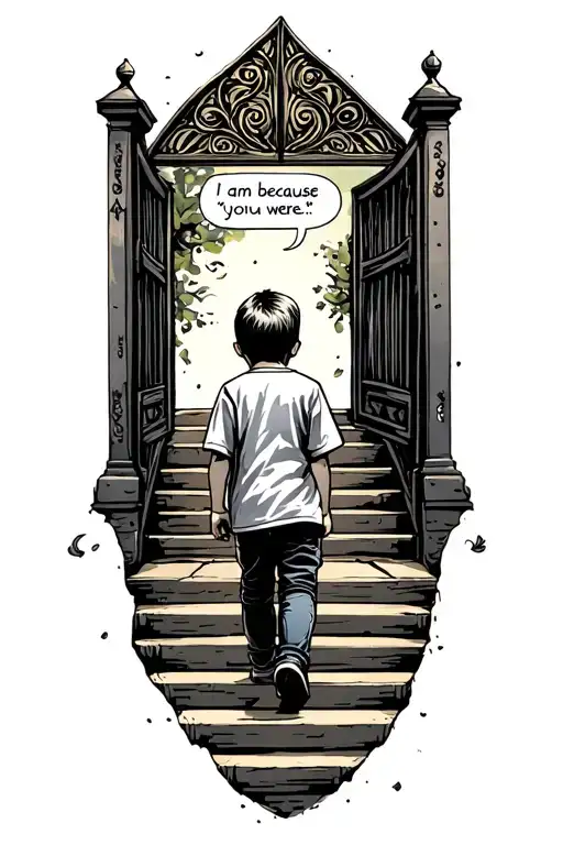 Little Boy Walking Up A Staircase To Open Gate And Saying I Am Because You Were